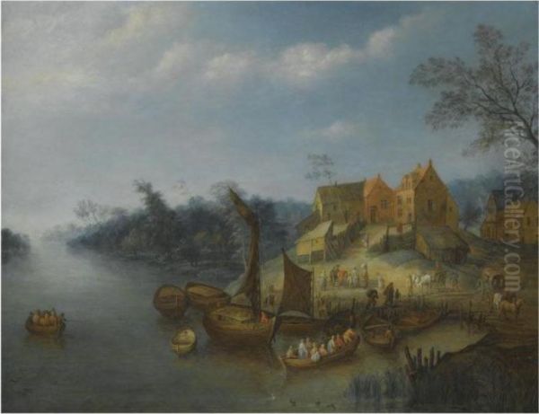 A River Landscape With Figures On A Bank And In Boats - view 1