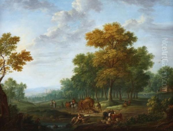 Landscape Withtravellers By Foot
 And Horse-drawn Cart. In The Front A Shepardwith His Sheep, A Castle At
 The Horizon - view 1