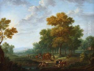 Landscape Withtravellers By Foot
And Horse-drawn Cart. In The Front A Shepardwith His Sheep, A Castle At
The Horizon by Joseph van Bredael