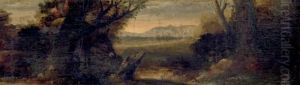 Village Traverse Par Une Riviere Avec Des Paysans En Barque Sur Laberge by Joseph van Bredael
