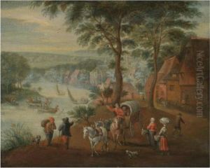 A River Landscape With Waggoners In The Foreground