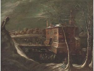 A Moonlit Winter Landscape With Skaters On A Frozen Lake by Joseph van Bredael