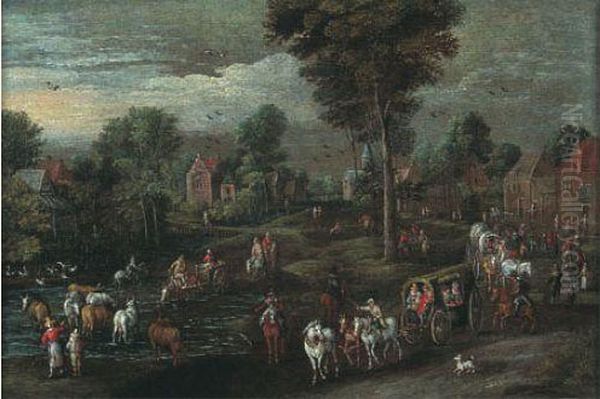 Vue D'un Village Flamand Pres D'une Riviere, Animee De Paysans Et De Carrioles - view 1