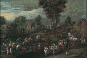 Vue D'un Village Flamand Pres D'une Riviere, Animee De Paysans Et De Carrioles by Joseph van Bredael