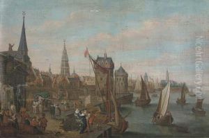A View Of Antwerp With Elegant Company On A Quay