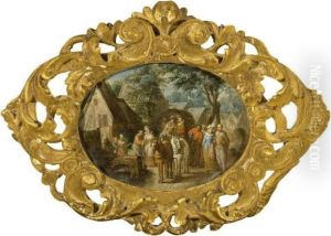A Village Scene With Travellers 
In A Horse-drawn Wagon, Together With An Elegant Couple And A Servant 
Pouring Tea