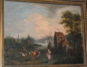 River Landscape With Figures, Cattle And Buildings by Joseph van Bredael