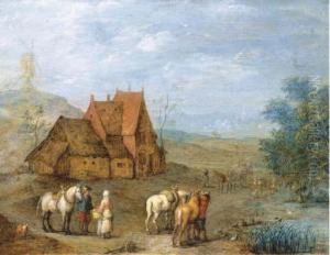 A Landscape With Travellers And Their Horses Before A Farmhouse,windmill Beyond by Joseph van Bredael
