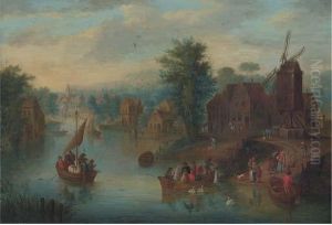 A Riverside Town With Peasants Crossing A River