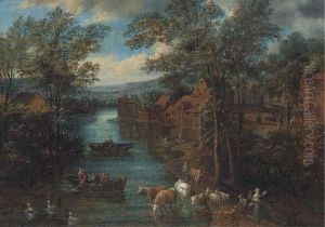 A Wooded River Landscape With Fisherman And Peasants On Atrack