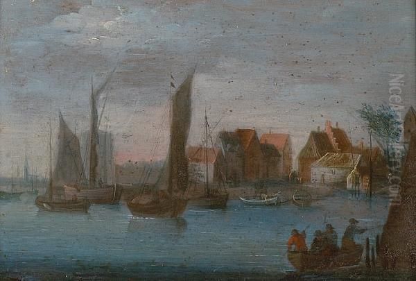 A River Landscape With Fishermen In Boats, A View To A Village Beyond - view 1