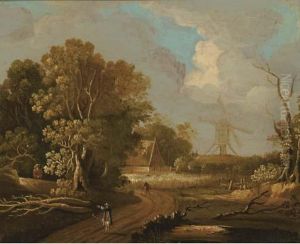 A Wooded Landscape With A
Shepherd In The Foreground; And A Woodedlandscape With Travellers On A
Track, A Windmill Beyond by Joseph van Bredael