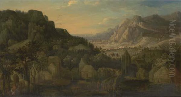 An Extensive Mountain Landscape With Travellers On A Bridge In A Village - view 1