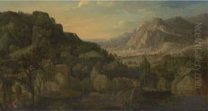 An Extensive Mountain Landscape With Travellers On A Bridge In A Village