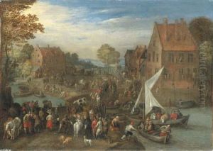 A Crowded Village Landscape With Wagons On A Path And Ferries Crossing A River