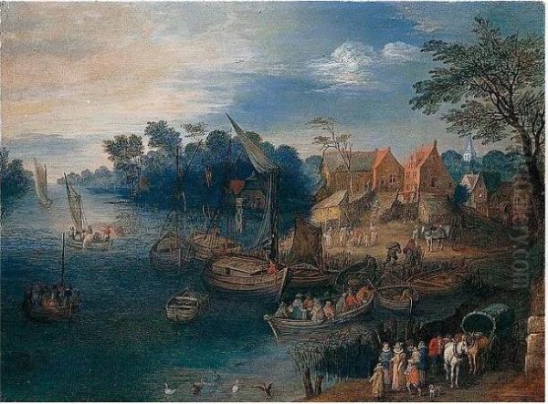 A River Landscape With Travellers Near A Village - view 1