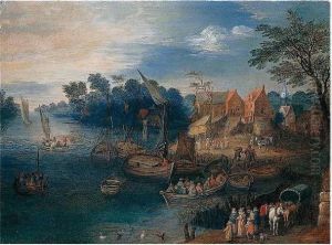A River Landscape With Travellers Near A Village by Joseph van Bredael