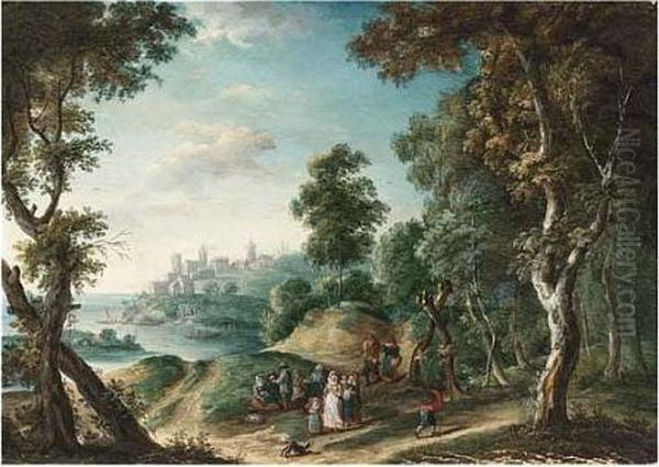 An Extensive Wooded River Landscape With Travellers On A Path In The Foreground - view 1