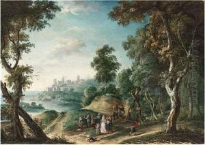 An Extensive Wooded River Landscape With Travellers On A Path In The Foreground by Joseph van Bredael