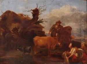 Figures And Livestock Next To A Hayloft Set Within A Classicallandscape Figures And Livestock Next To A Hayloft Set Within A Classicallandscape