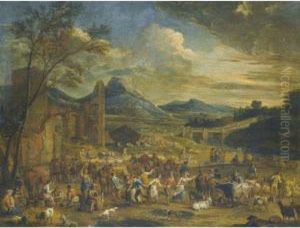An Extensive And Mountainous 
River Landscape With Numerous Figuresmerrymaking In The Foreground 
Before Ancient Ruins