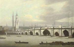View of London Bridge, with the church of St. Magnus and the Monument beyond by Joseph Farington
