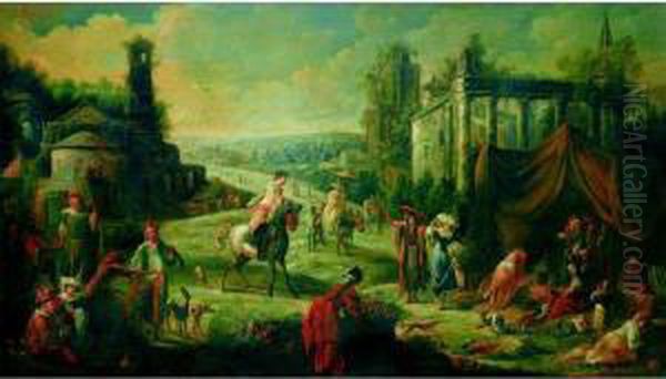 Personnages Orientaux Dans Un Vaste Paysage De Ruinesantiques - view 1