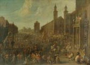 Town Scene Withstreet Performers And Figures Merry Making by Pieter Van Bredael