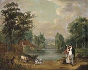 An elegant couple walking with their dog in a lake landscape