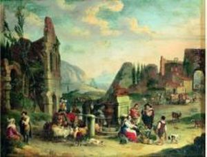 Reunion De Paysans Autour D'une Fontaine Dans Un Paysage De Ruines Antiques