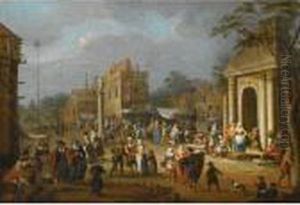 A Busy Market Scene Amongst Classical Ruins