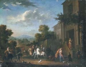 The Courtyard Of An Elegant Mansion With Figures Departing For Thehunt