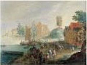 Paysage De Bord De Fleuve Avec Un Moulin by Pieter Van Bredael