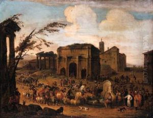 A Capriccio Of A Roman Marketplace With Peasants And Levants At Afountain - view 1
