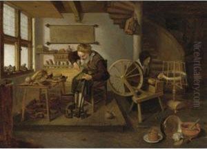 A Cobbler At Work, His Wife Spinning Wool by Quiringh Gerritsz. van Brekelenkam