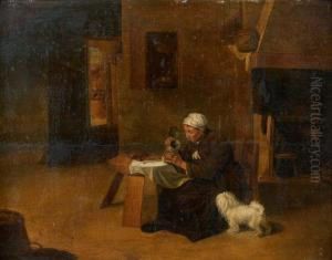 Femme Assise Dans Une Cuisine Pres De Son Chien