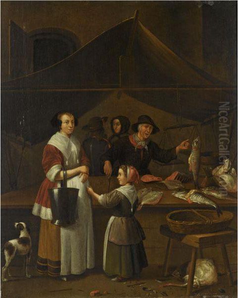 A Woman And A Young Girl Buying Fish At A Market Stall - view 1