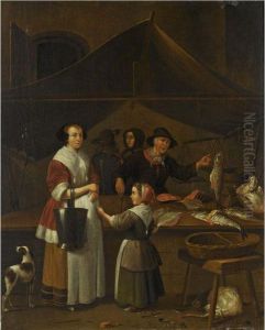 A Woman And A Young Girl Buying Fish At A Market Stall by Quiringh Gerritsz. van Brekelenkam
