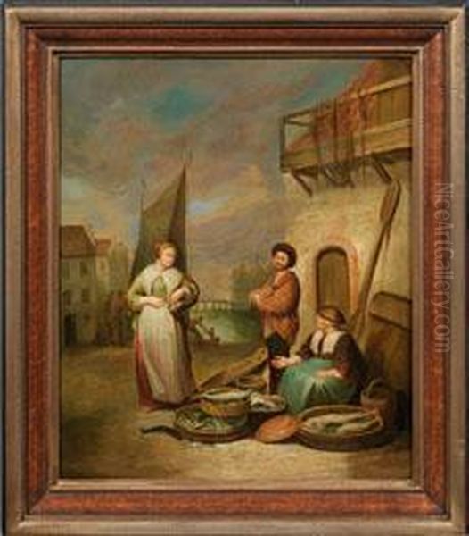 Strasenszene Mit Fischhandlerin Vor Einer Hafenkulisse - view 1