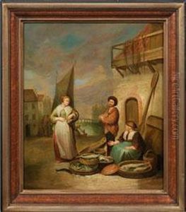 Strasenszene Mit Fischhandlerin Vor Einer Hafenkulisse by Quiringh Gerritsz. van Brekelenkam