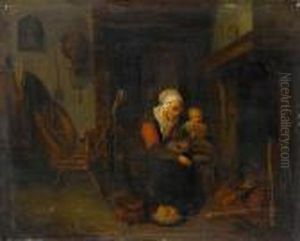 A Kitchen Interior With A Woman And Her Childby A Stove