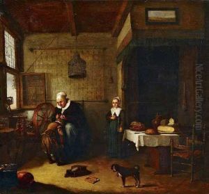 Interieur Mit Einer Alteren Frau, Einen Knabenlausend.