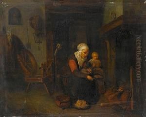 A Kitchen Interior With A Woman And Her Child By A Stove