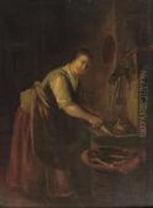 A Peasant Woman Cleaning Fish In An Interior