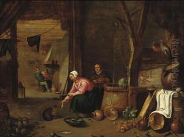 A Barn Interior With A Peasant
Woman Feeding Fish To A Cat Near A Well, Figures Near A Stove In The
Background - view 1