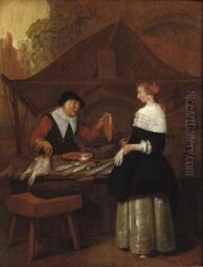 A Fishmonger Selling Her Wares To An Elegant Lady At A Stall