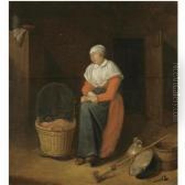 An Interior With A Woman Sitting By A Cradle - view 1