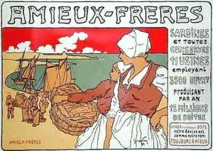 Reproduction of a poster advertising Amieux Freres producers of sardines and all preserves by Georges Fay