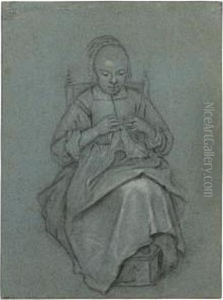 A Seated Young Woman Embroidering A Cloth, Her Feet Resting On A Foot-warmer - view 1