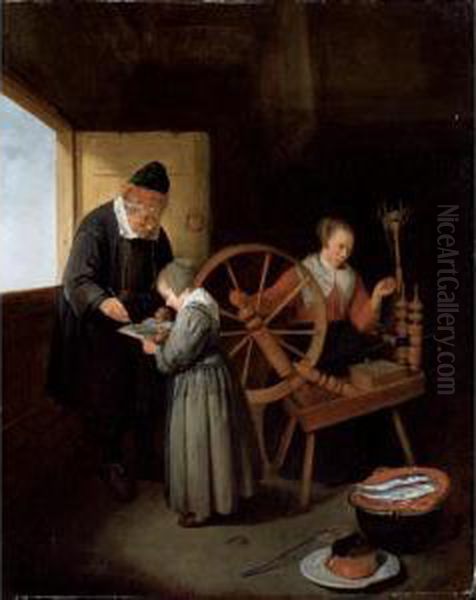 Interior With A School Master
Teaching A Young Girl To Read Another Girl At A
Spinning Wheel - view 1